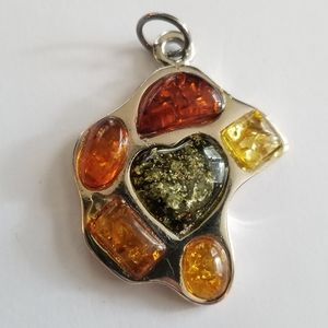 Freeform pendant orange green cabochons silver tone metal amber?